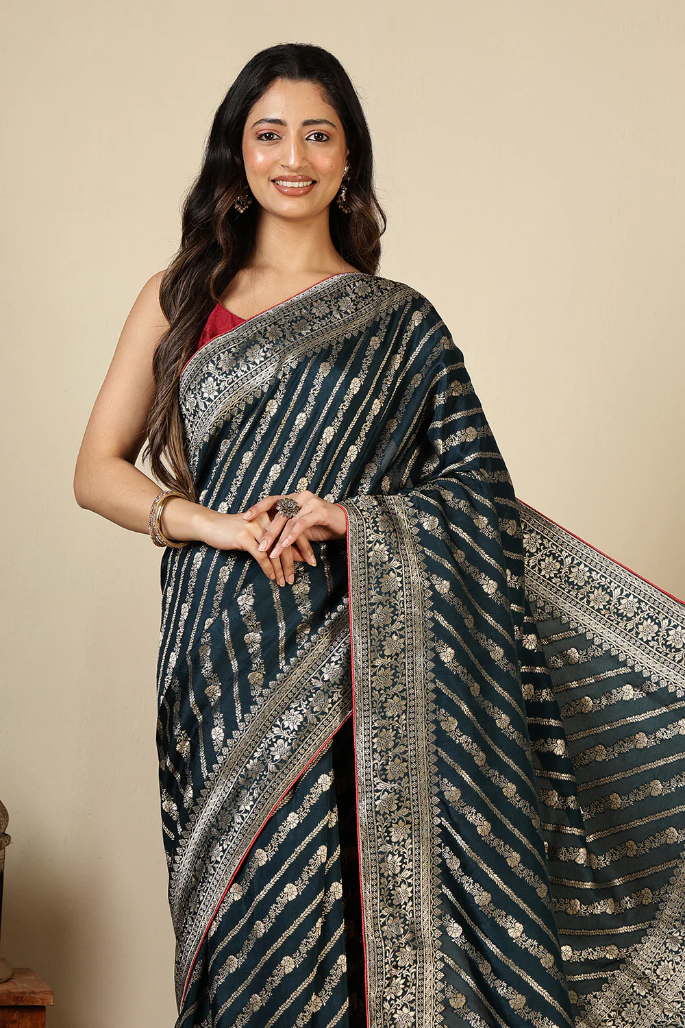 Navy Banarasi Woven Tussar Silk Saree - Image 3
