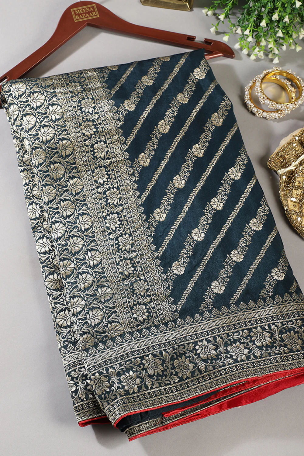 Navy Banarasi Woven Tussar Silk Saree - Image 6