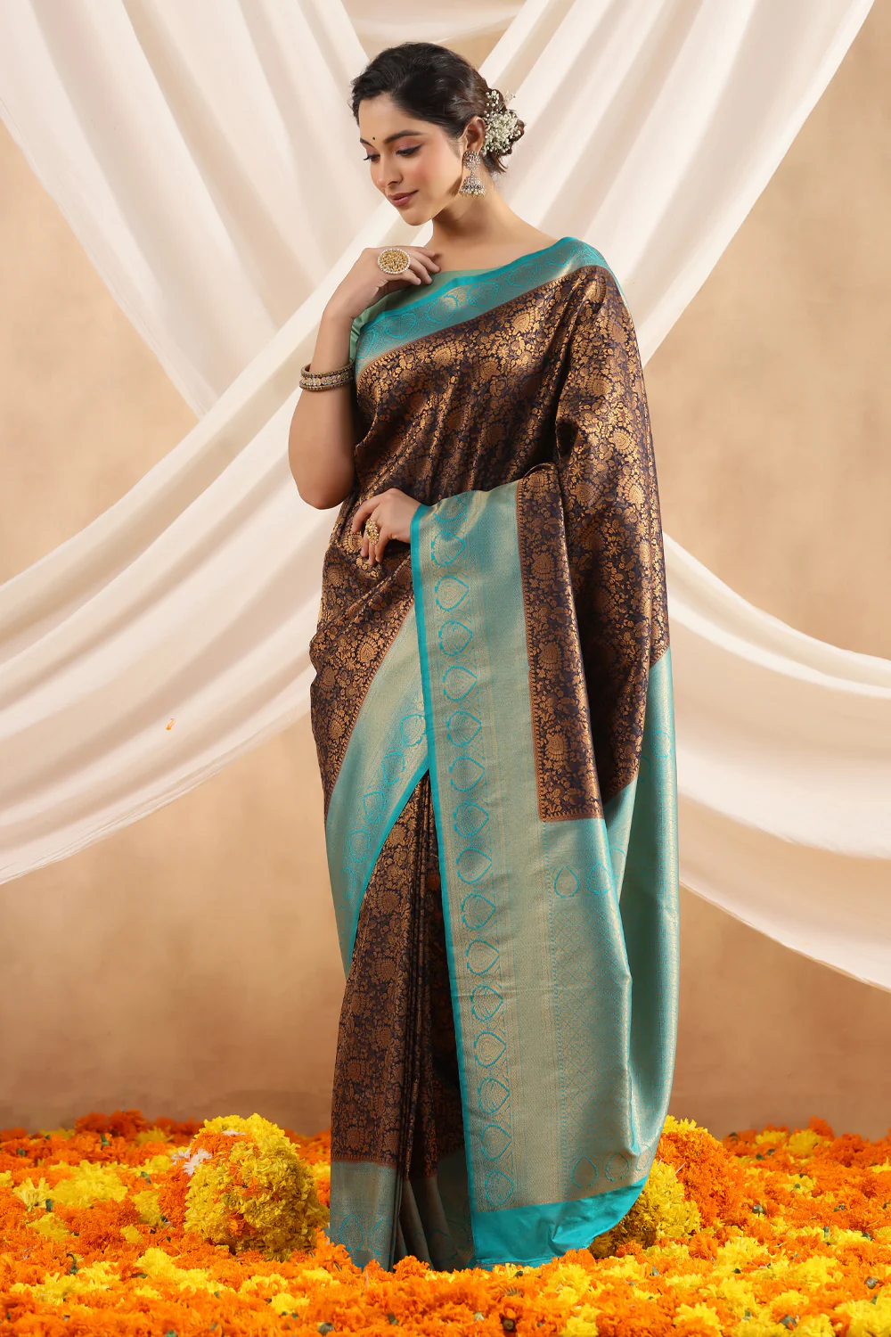 Navy Blue Color Woven Silk Saree - Image 2