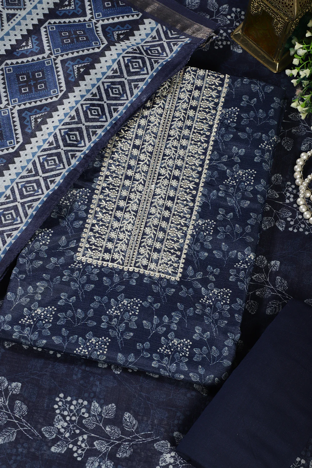 Navy Blue Cotton Silk Blossom Printed and Neck Embroidered Unstitched Suit - Image 2