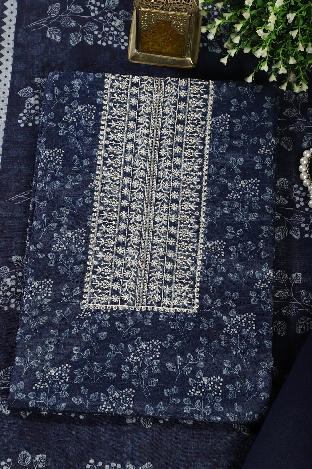Navy Blue Cotton Silk Blossom Printed and Neck Embroidered Unstitched Suit - Image 4