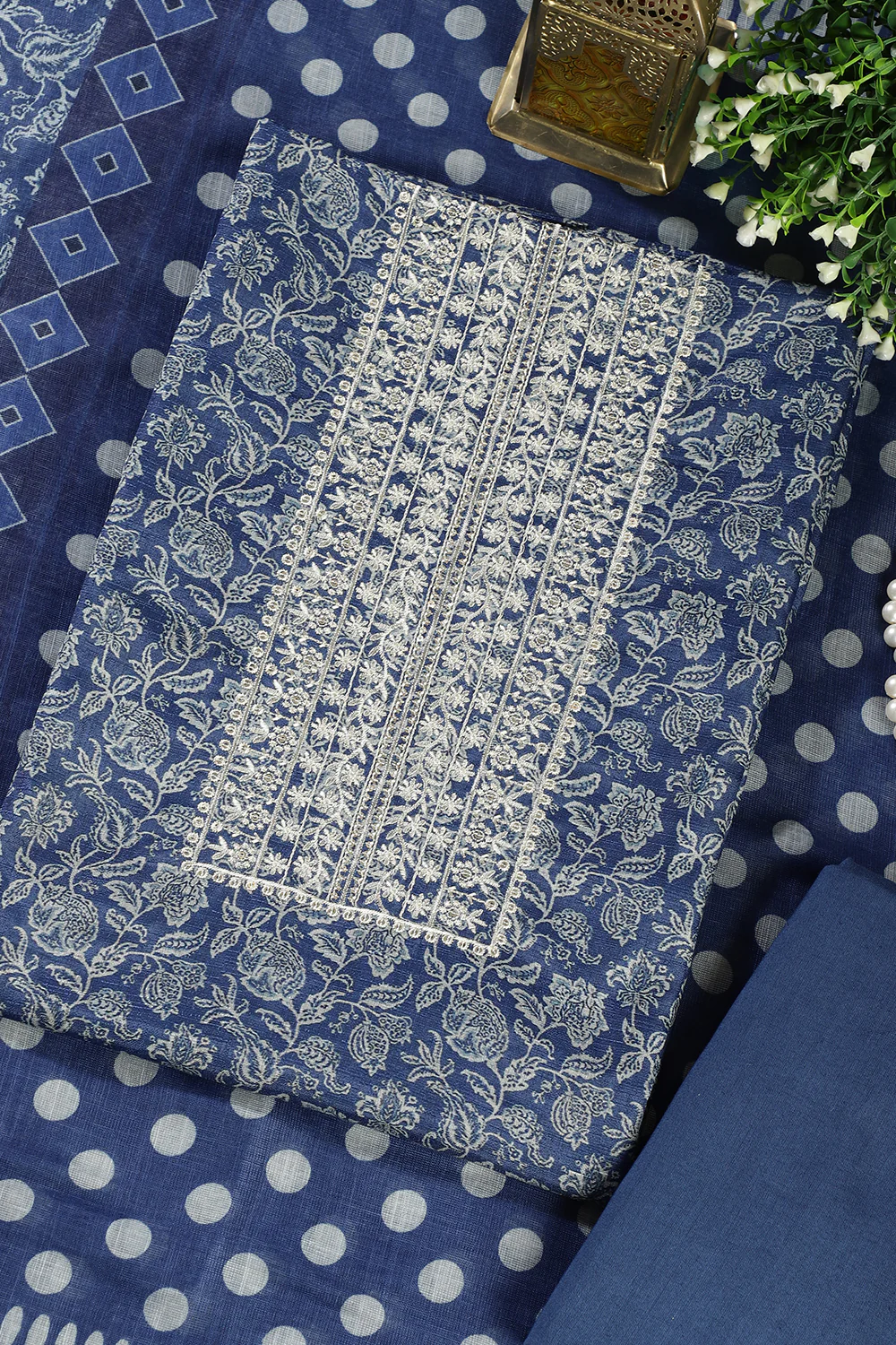 Navy Blue Cotton Silk Floral Printed and Neck Embroidered Unstitched Suit - Image 2