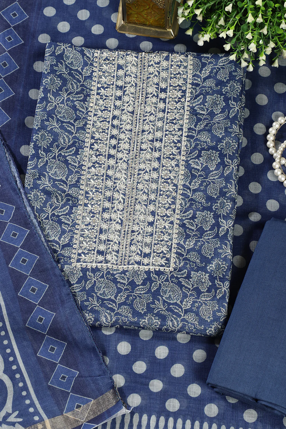 Navy Blue Cotton Silk Floral Printed and Neck Embroidered Unstitched Suit - Image 3