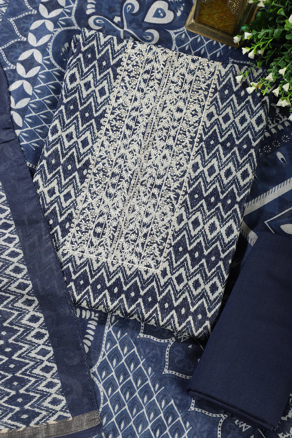 Navy Blue Cotton Silk Printed and Neck Embroidered Unstitched Suit - Image 2