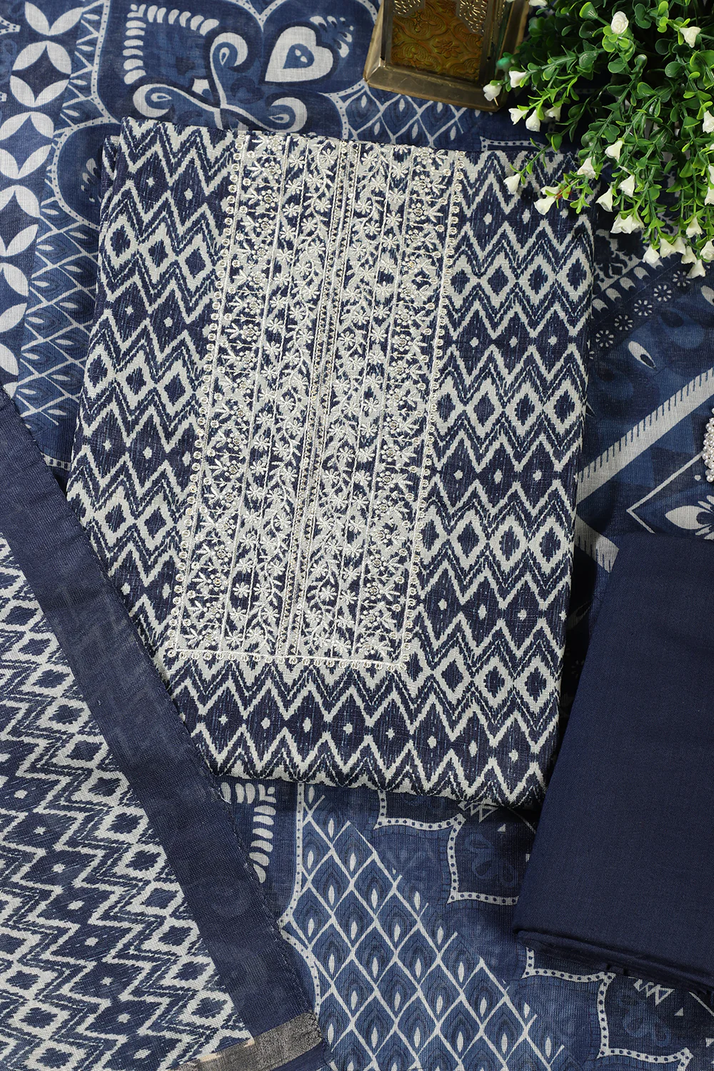 Navy Blue Cotton Silk Printed and Neck Embroidered Unstitched Suit - Image 3