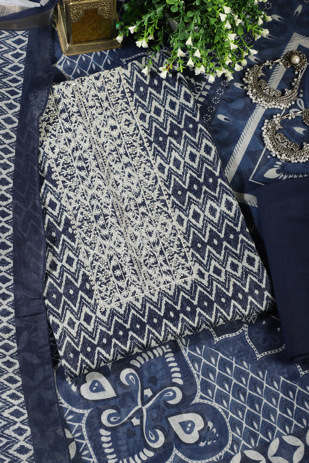 Navy Blue Cotton Silk Printed and Neck Embroidered Unstitched Suit - Image 4