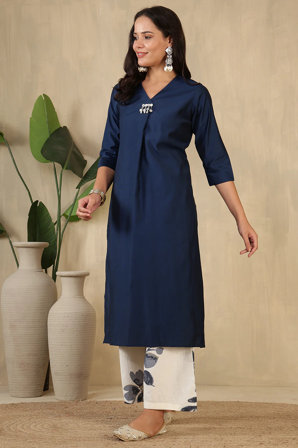 Navy Chanderi Cotton Kurta Set - Image 2
