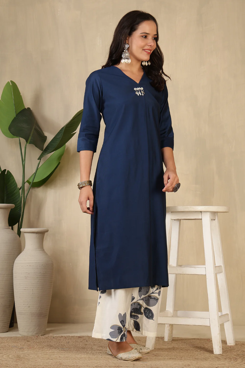 Navy Chanderi Cotton Kurta Set - Image 4