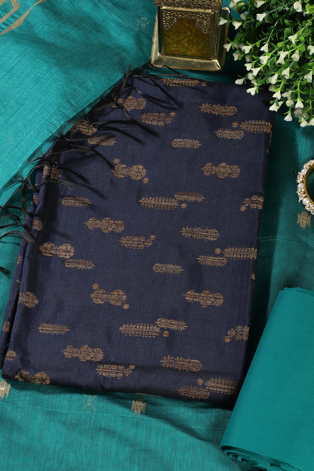 Navy Chanderi Silk Woven Unstitched Suit - Image 2