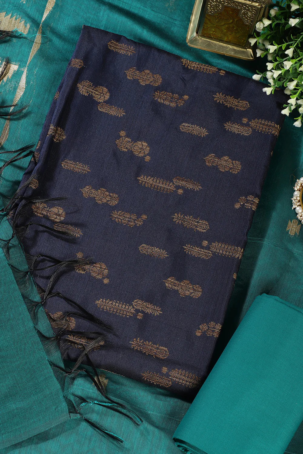 Navy Chanderi Silk Woven Unstitched Suit - Image 3
