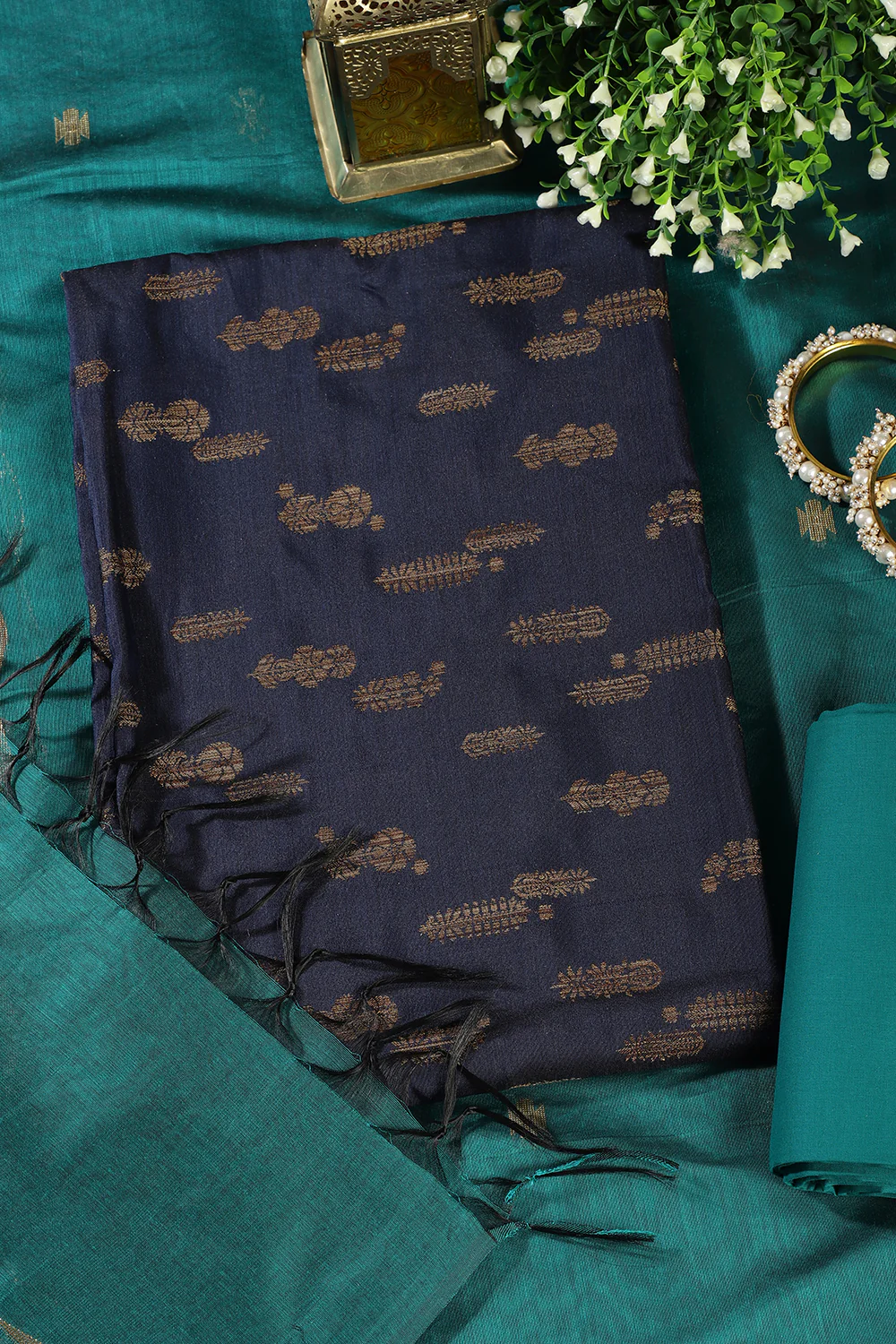 Navy Chanderi Silk Woven Unstitched Suit - Image 4