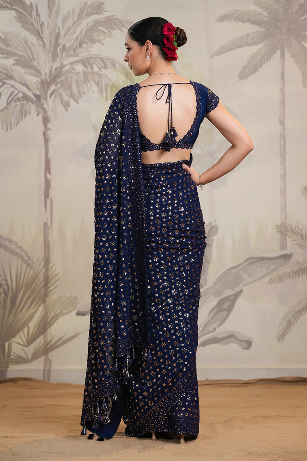Navy Color Sequins Embroidered Georgette Saree - Image 3