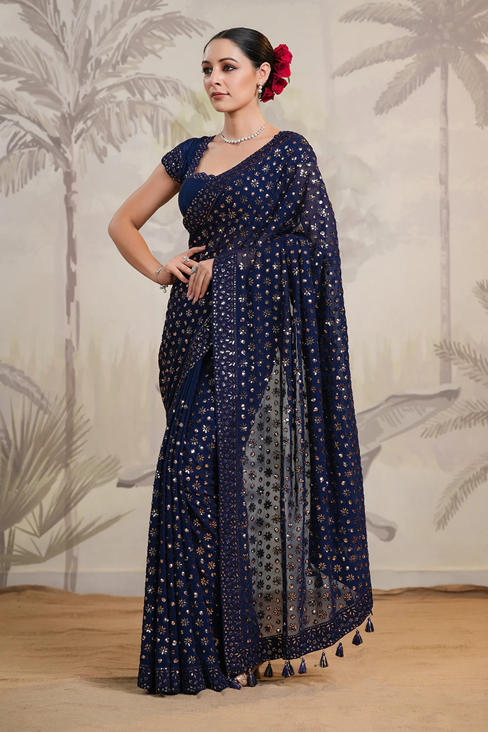 Navy Color Sequins Embroidered Georgette Saree - Image 4