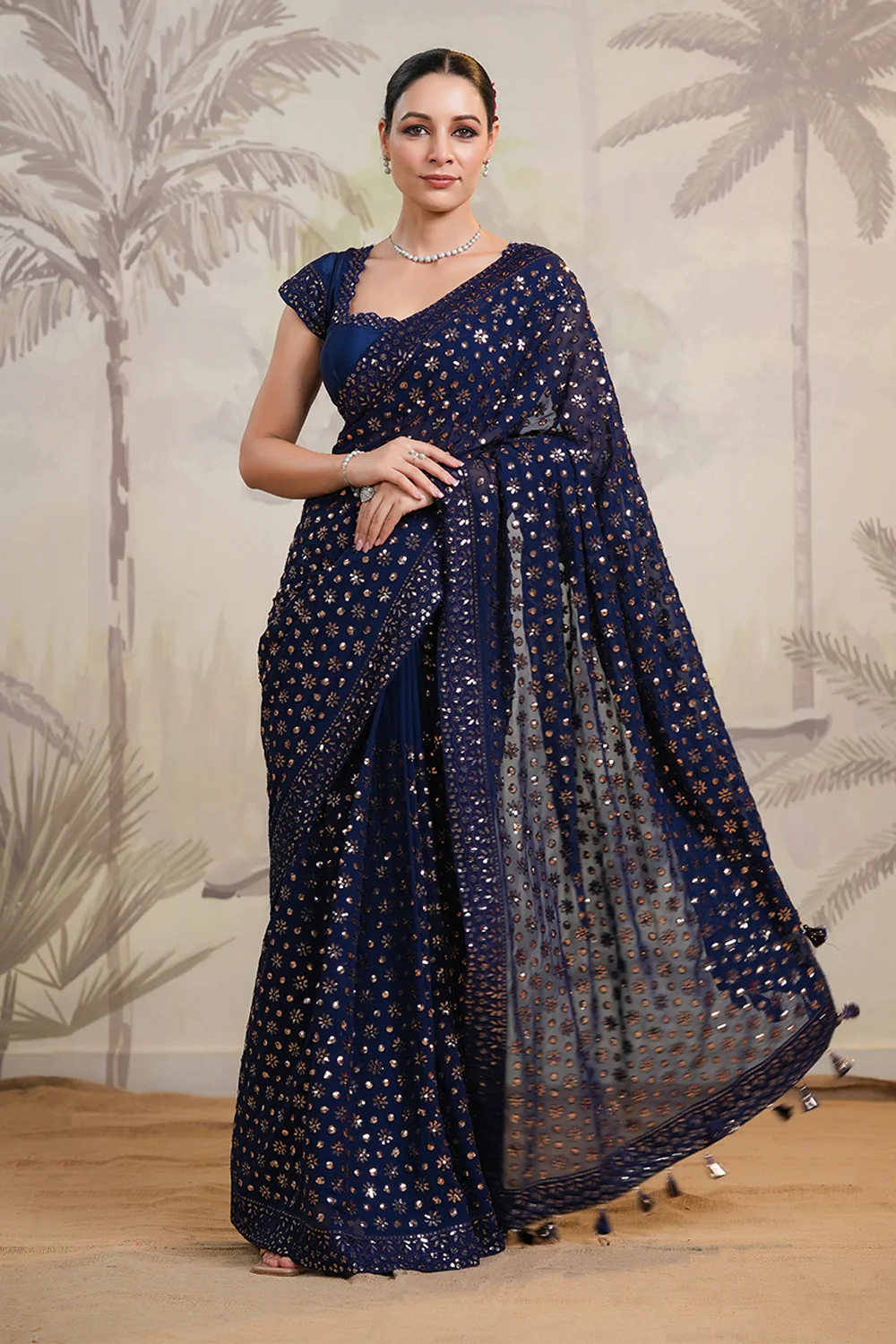Navy Color Sequins Embroidered Georgette Saree - Image 5