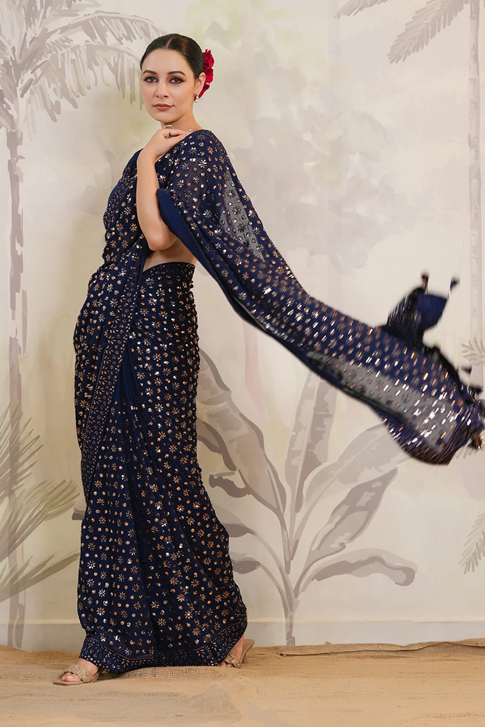 Navy Color Sequins Embroidered Georgette Saree - Image 6