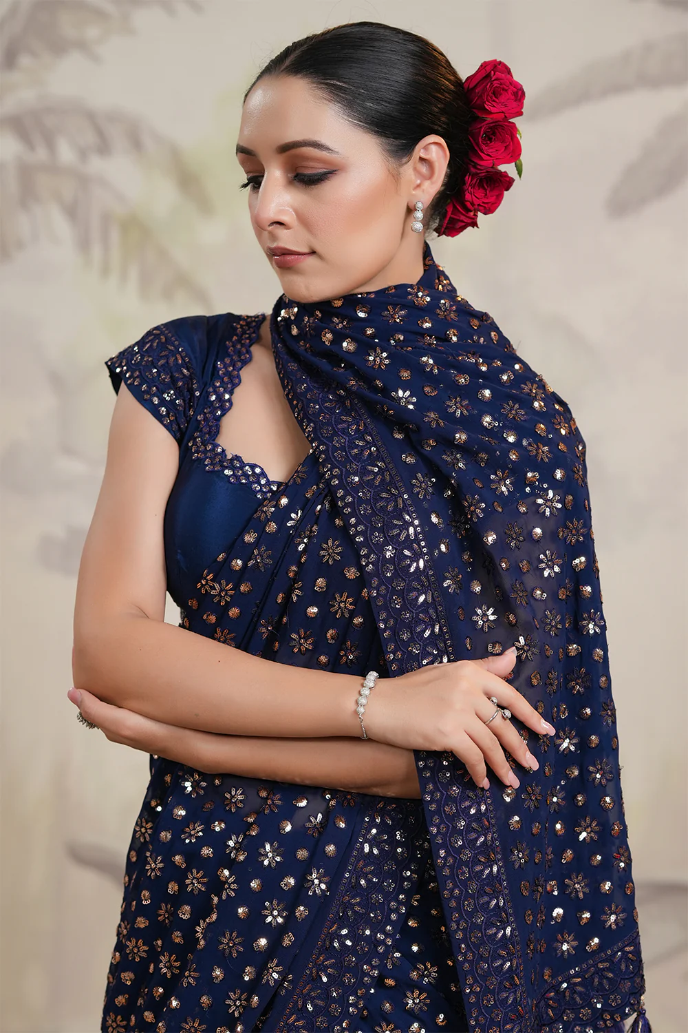Navy Color Sequins Embroidered Georgette Saree - Image 7