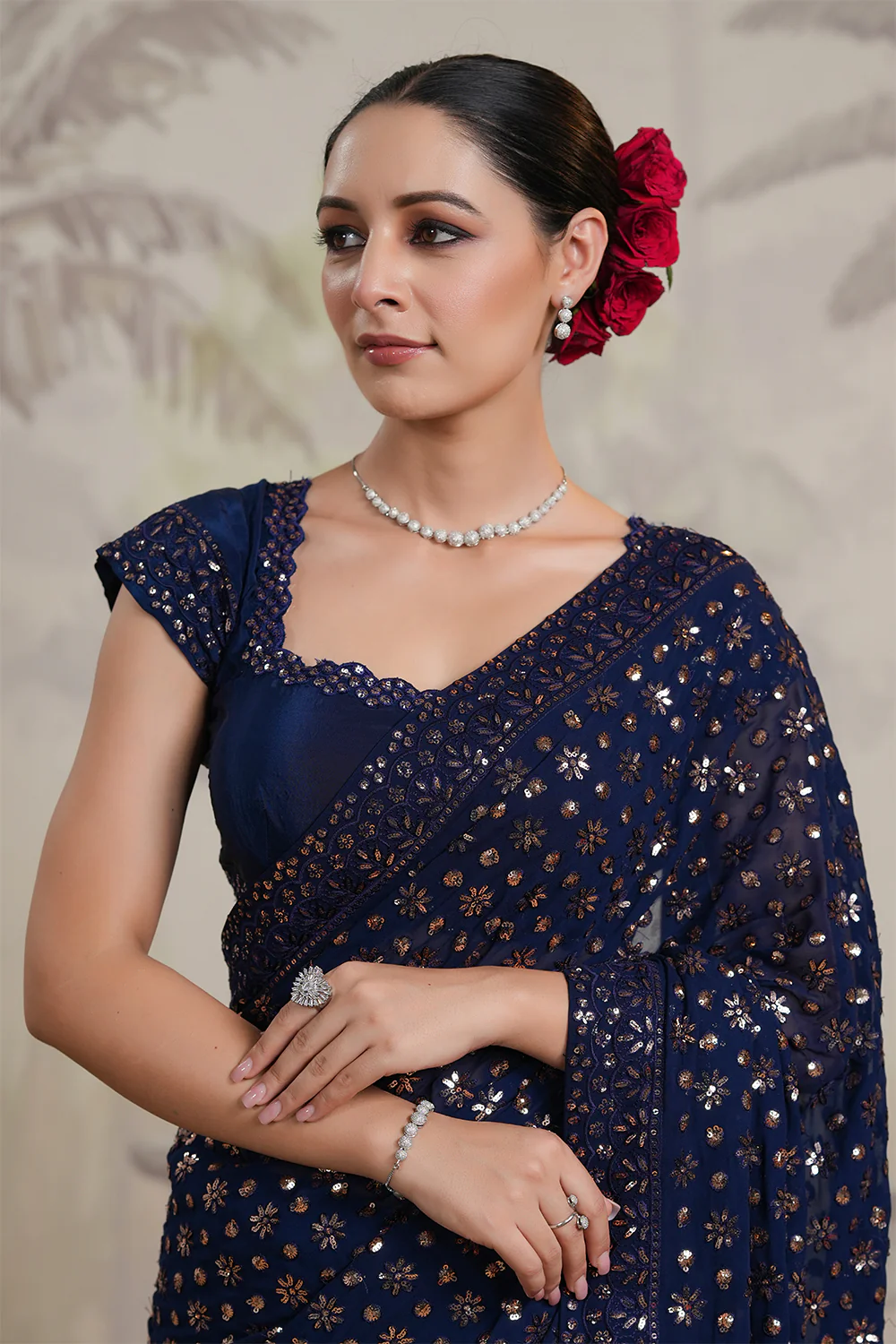 Navy Color Sequins Embroidered Georgette Saree - Image 8