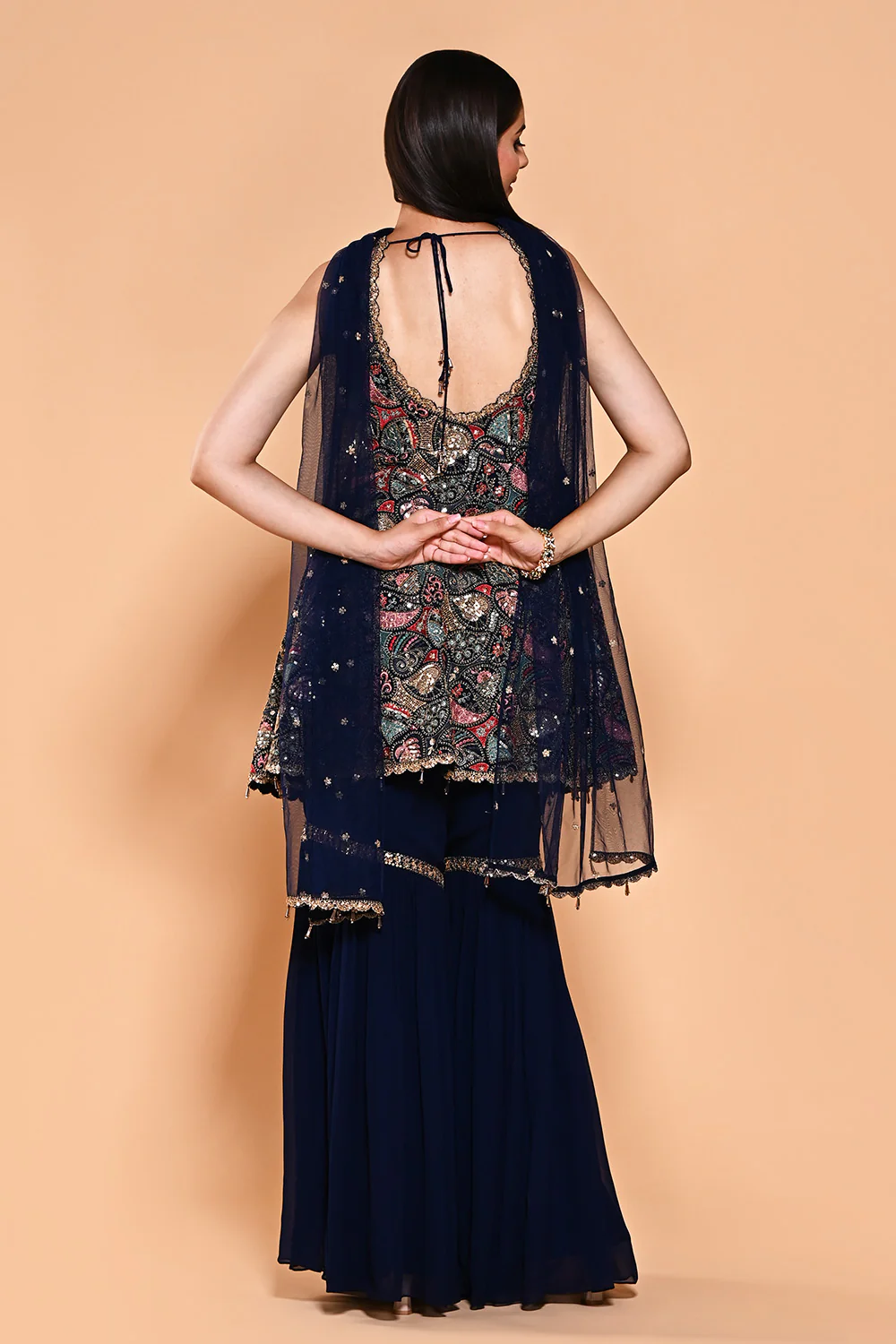 Navy Color Sequins & Resham Embroidered Georgette Peplum Gharara Suit - Image 3