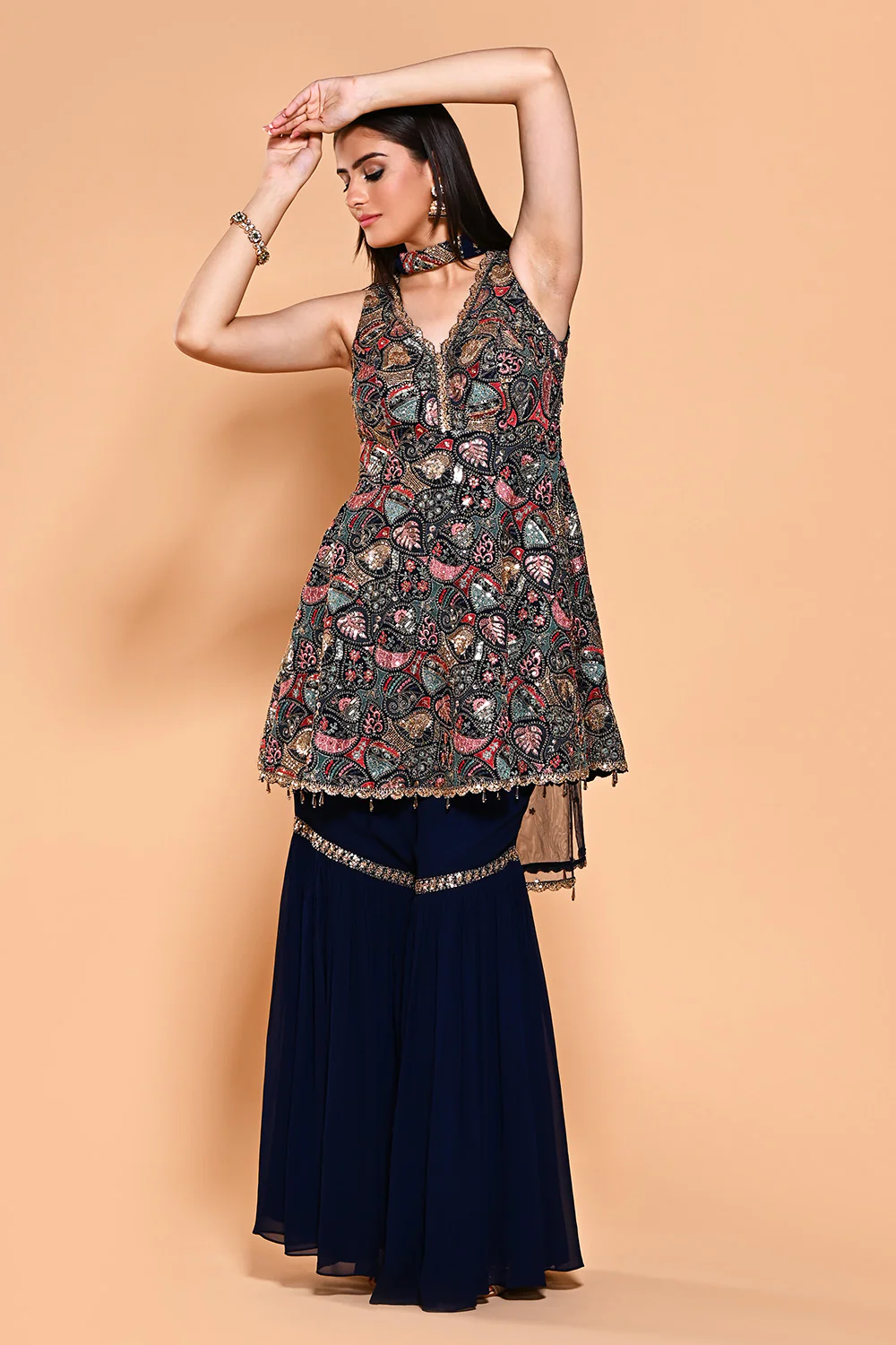Navy Color Sequins & Resham Embroidered Georgette Peplum Gharara Suit - Image 4