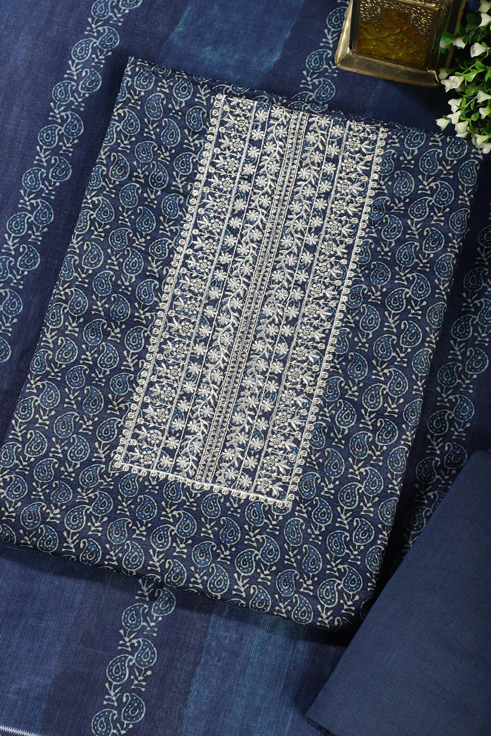 Navy Cotton Silk Printed and Neck Embroidered Unstitched Suit - Image 4