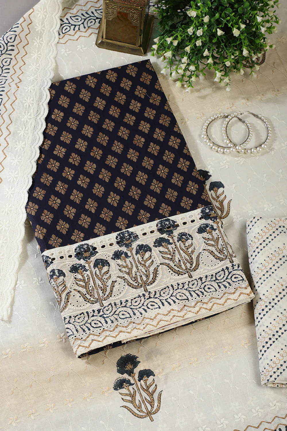 Navy Cotton Woven And Lace Work Unstitched Suit Material - Image 3