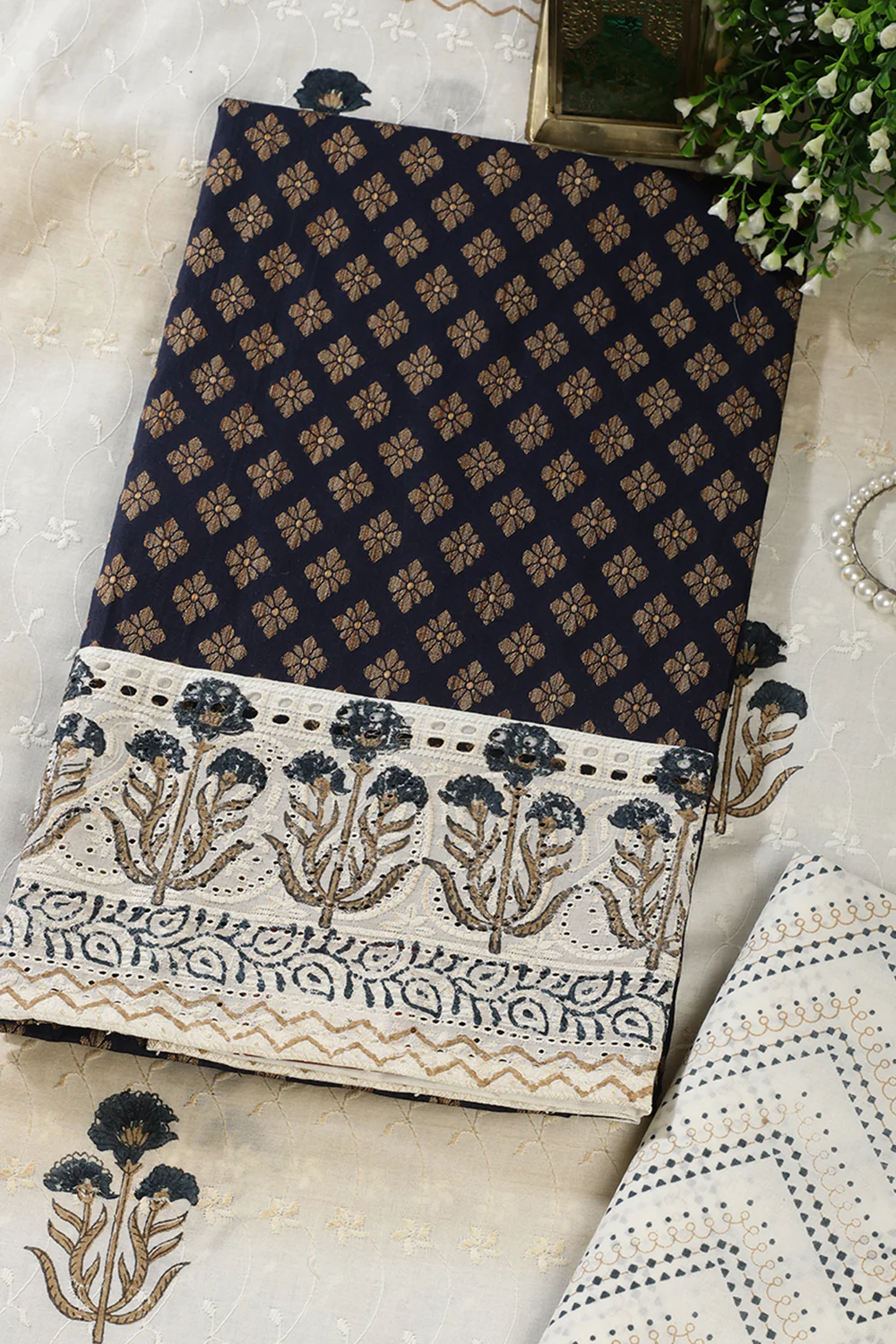 Navy Cotton Woven And Lace Work Unstitched Suit Material - Image 4
