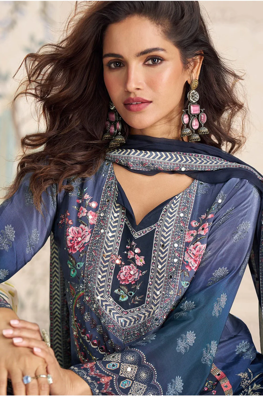 Navy Crepe Silk Mirror And Swarovski Embroidered Printed Suit With Gharara - Image 3