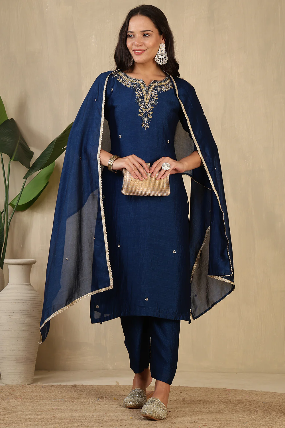 Navy Crepe Silk Neck Embroidered Suit - Image 5