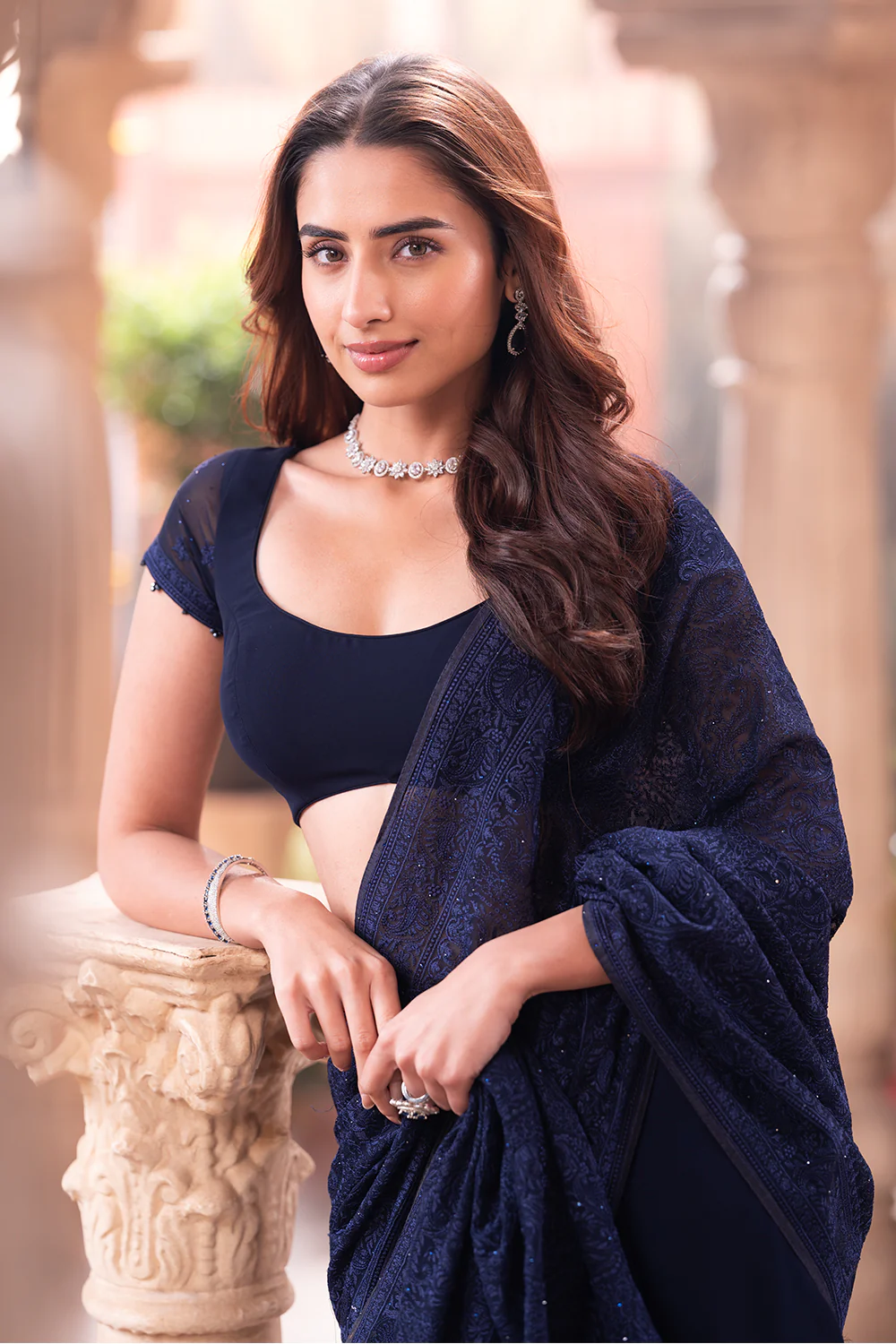Navy Georgette Resham And Swaroski Embroidered Saree - Image 6