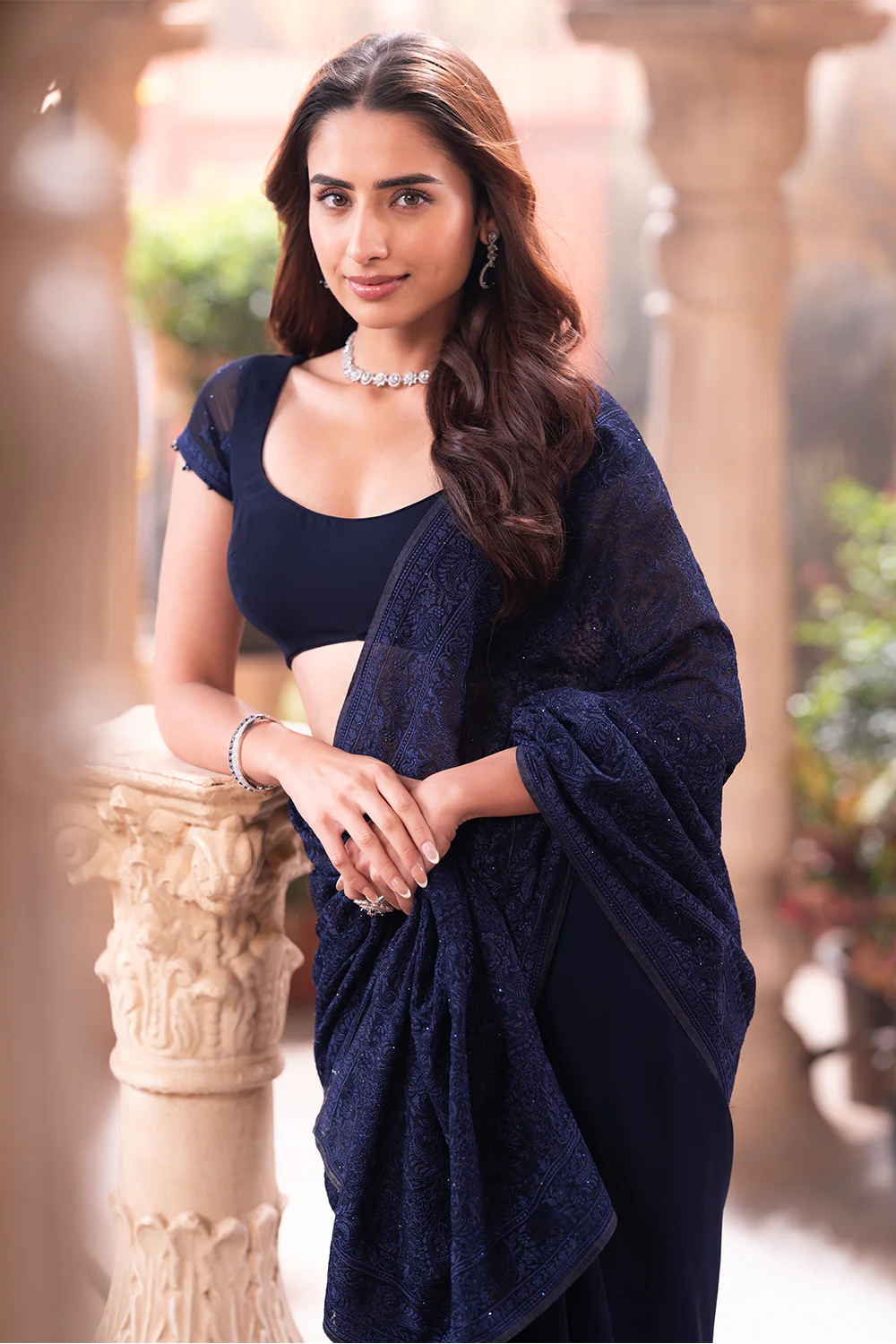 Navy Georgette Resham And Swaroski Embroidered Saree - Image 8