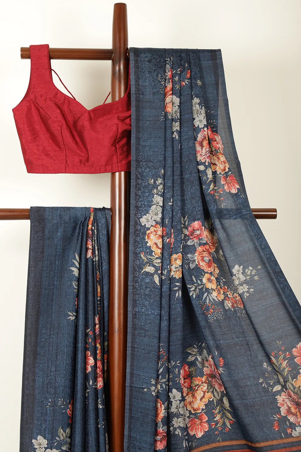 Navy Jacquard Silk Printed Saree - Image 8
