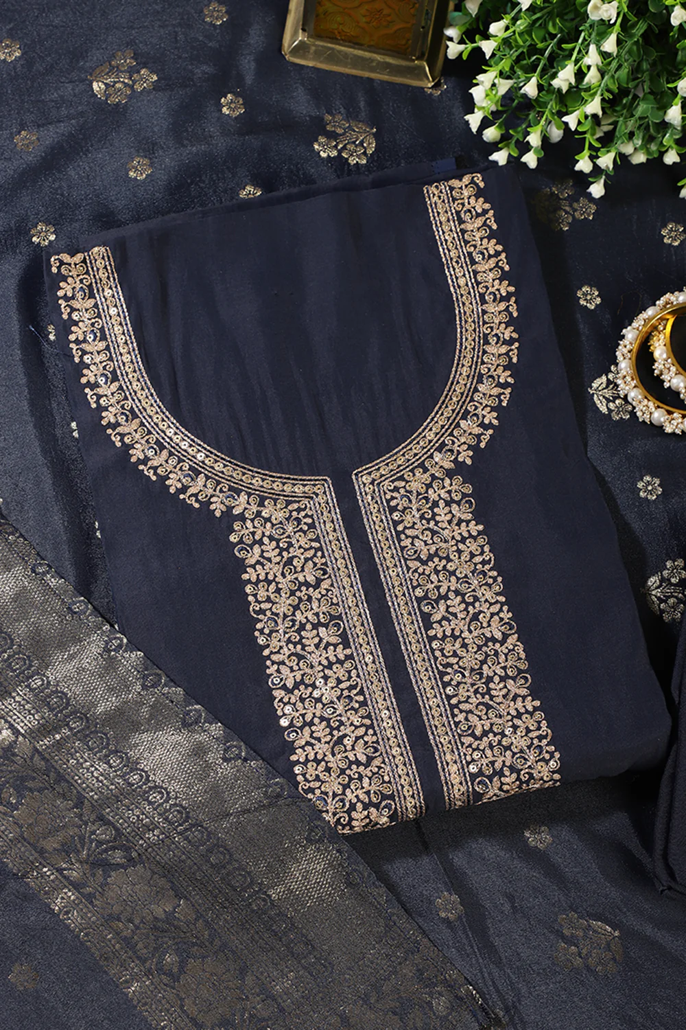 Navy Silk Neck Zari Embroidered Unstitched Suit Material - Image 2