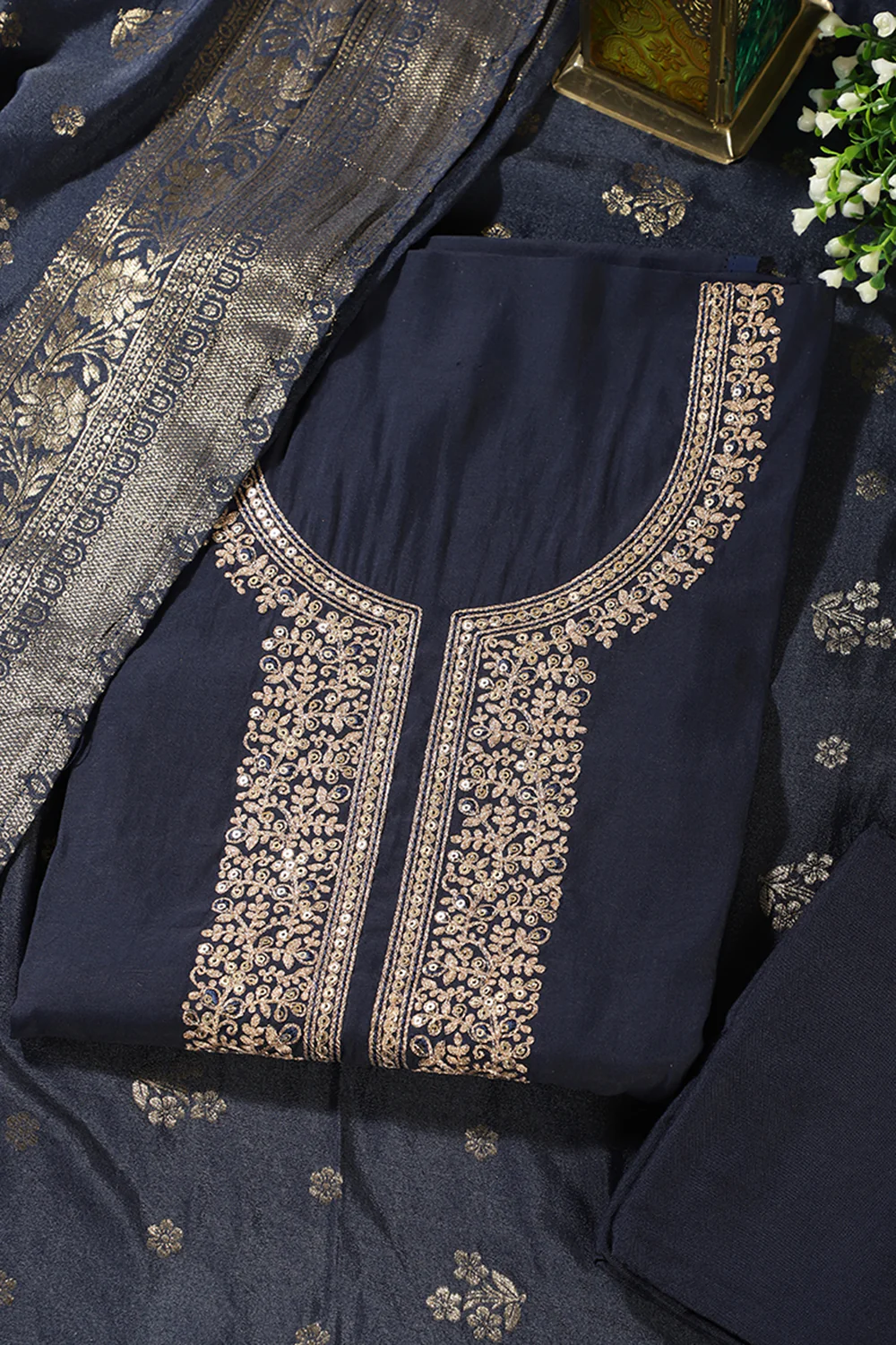 Navy Silk Neck Zari Embroidered Unstitched Suit Material - Image 3