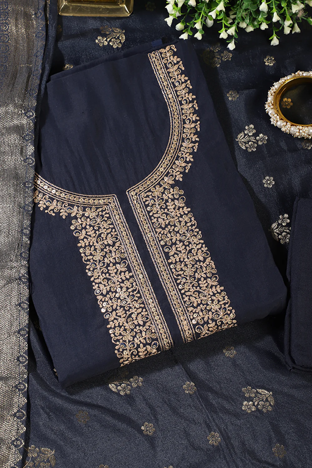 Navy Silk Neck Zari Embroidered Unstitched Suit Material - Image 4