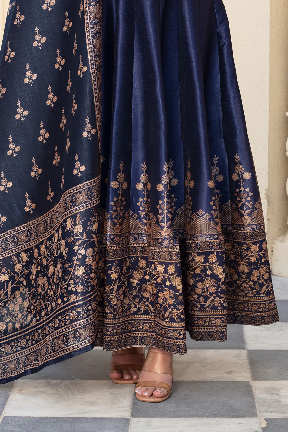 Navy Silk Printed Anarkali Suit - Image 3