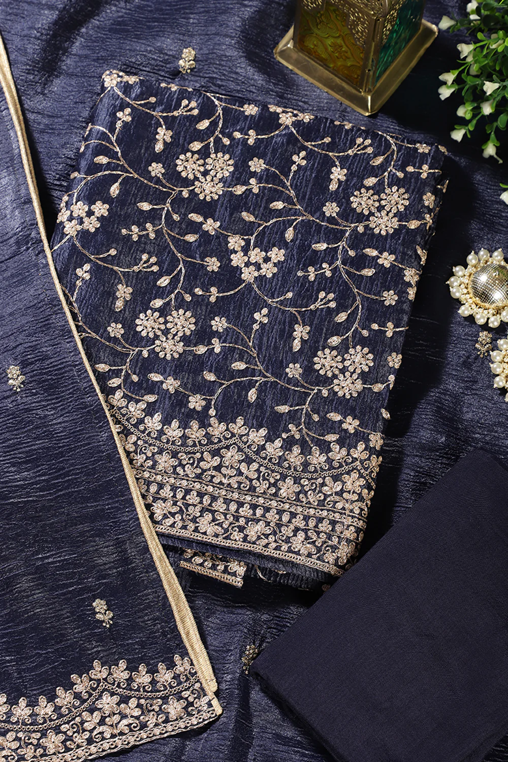 Navy Tissue Silk Zari Embroidered Unstitched Suit Material - Image 2