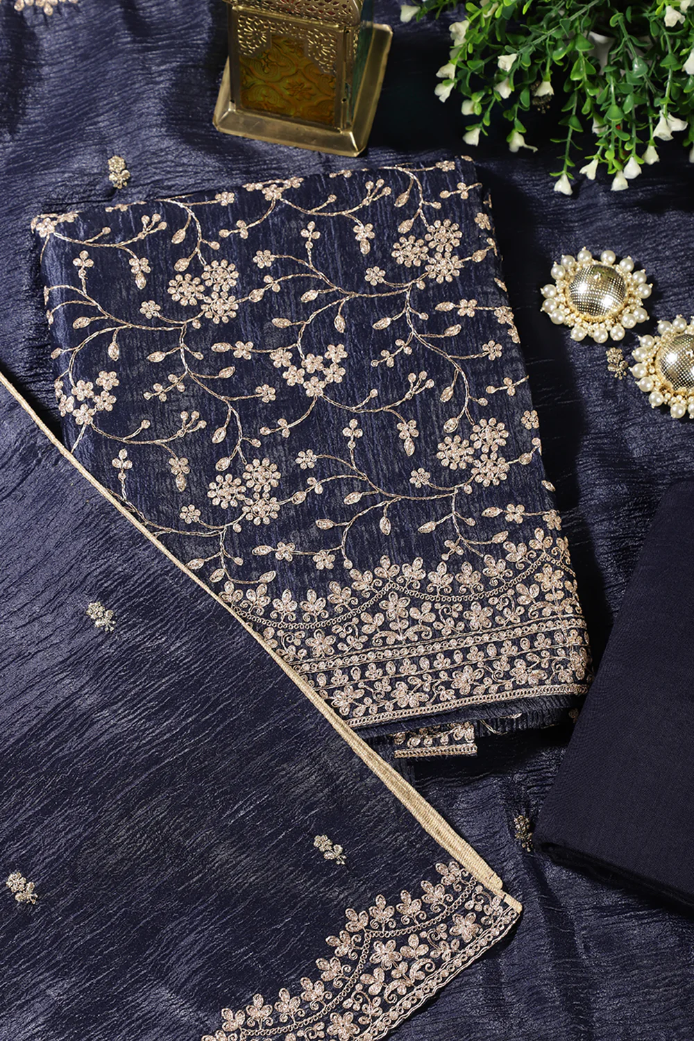 Navy Tissue Silk Zari Embroidered Unstitched Suit Material - Image 3