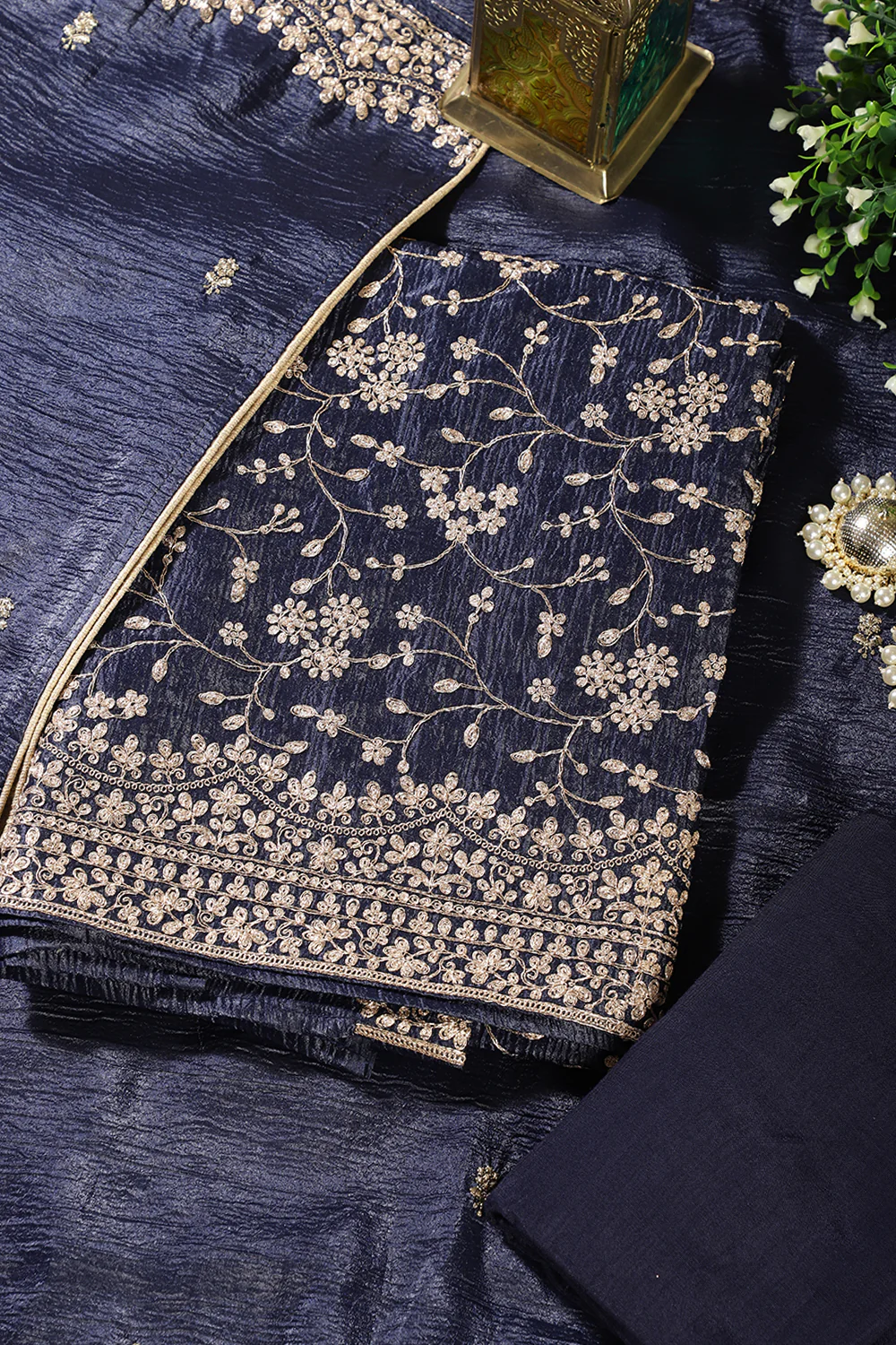 Navy Tissue Silk Zari Embroidered Unstitched Suit Material - Image 4
