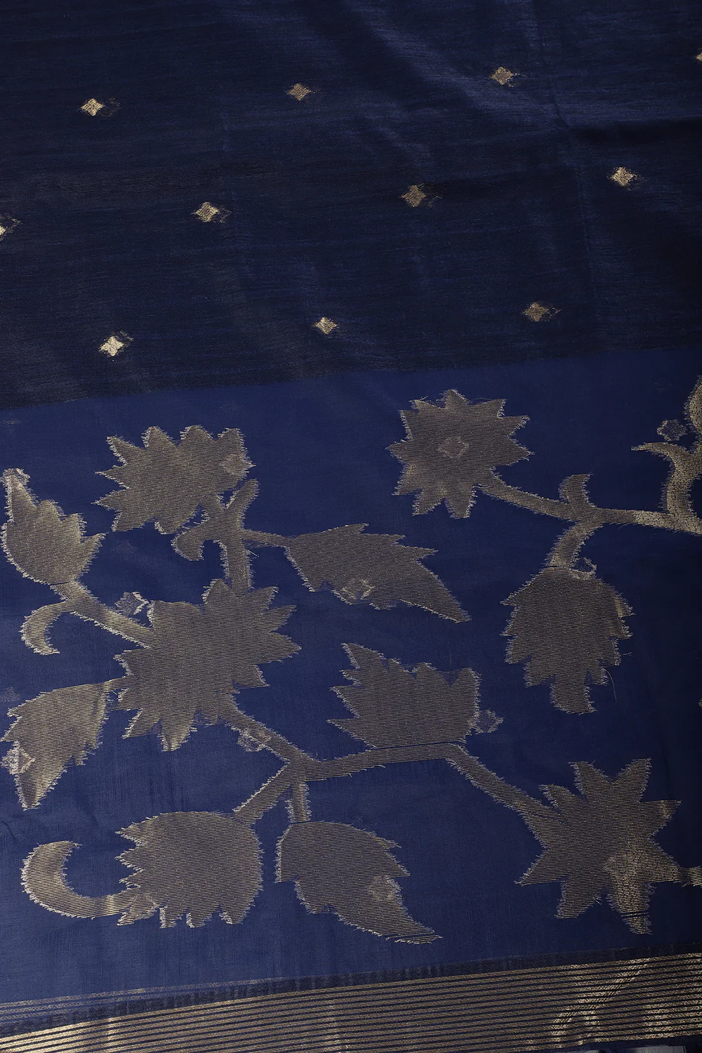 Navy Tussar Silk Floral Zari Woven Saree - Image 2