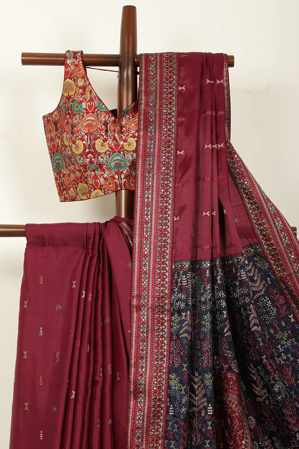 Navy & Wine Silk Resham Embroidered Designer Sarees - Image 3
