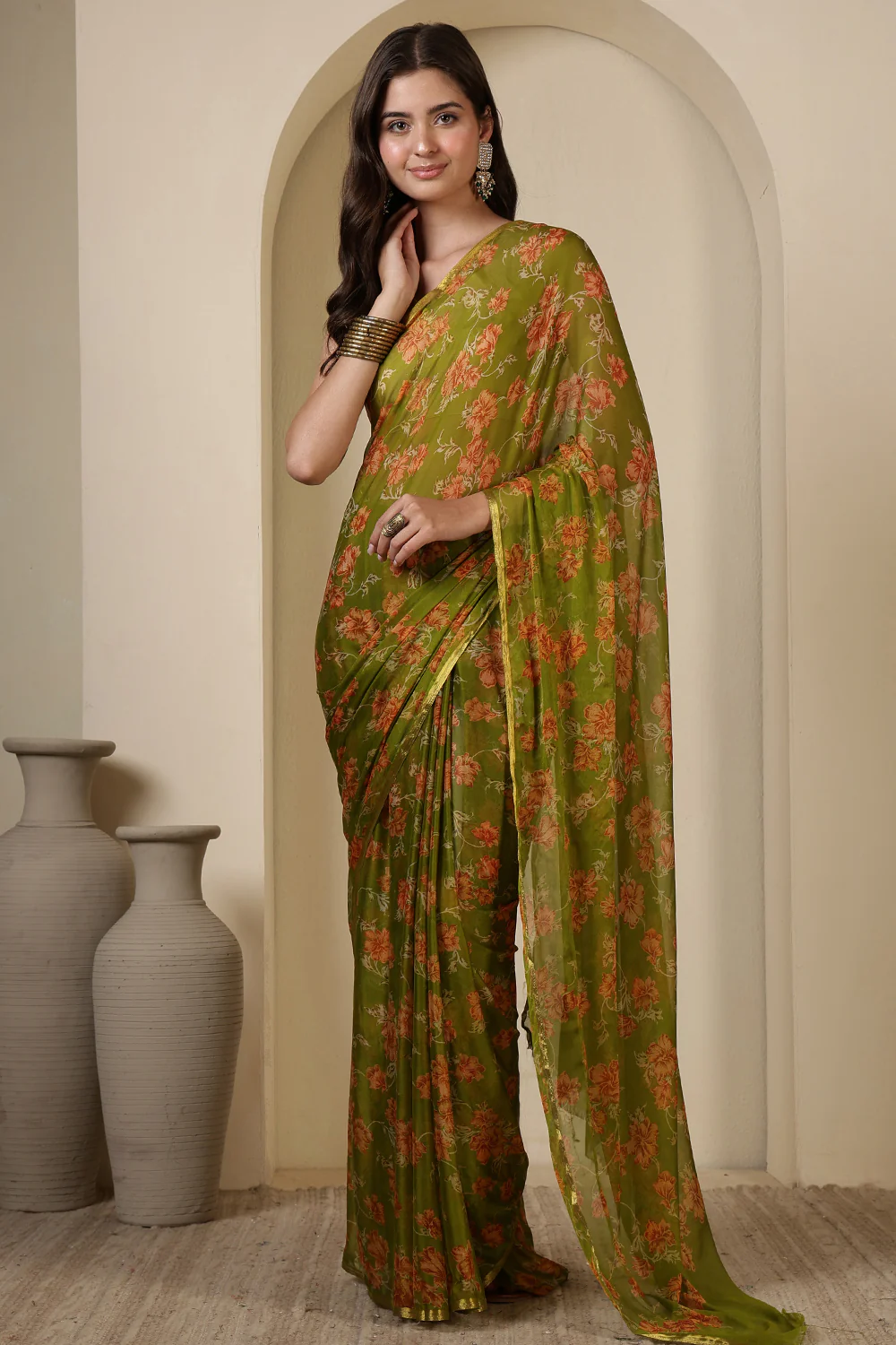 Olive Green Chiffon Floral Zari Border & Floral Printed Saree