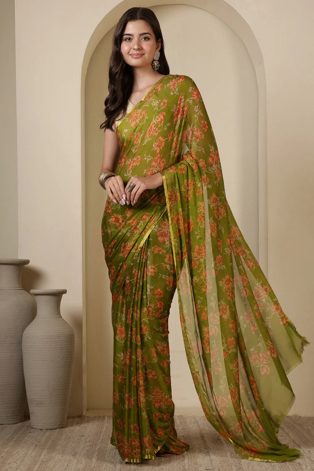Olive Green Chiffon Floral Zari Border & Floral Printed Saree - Image 3