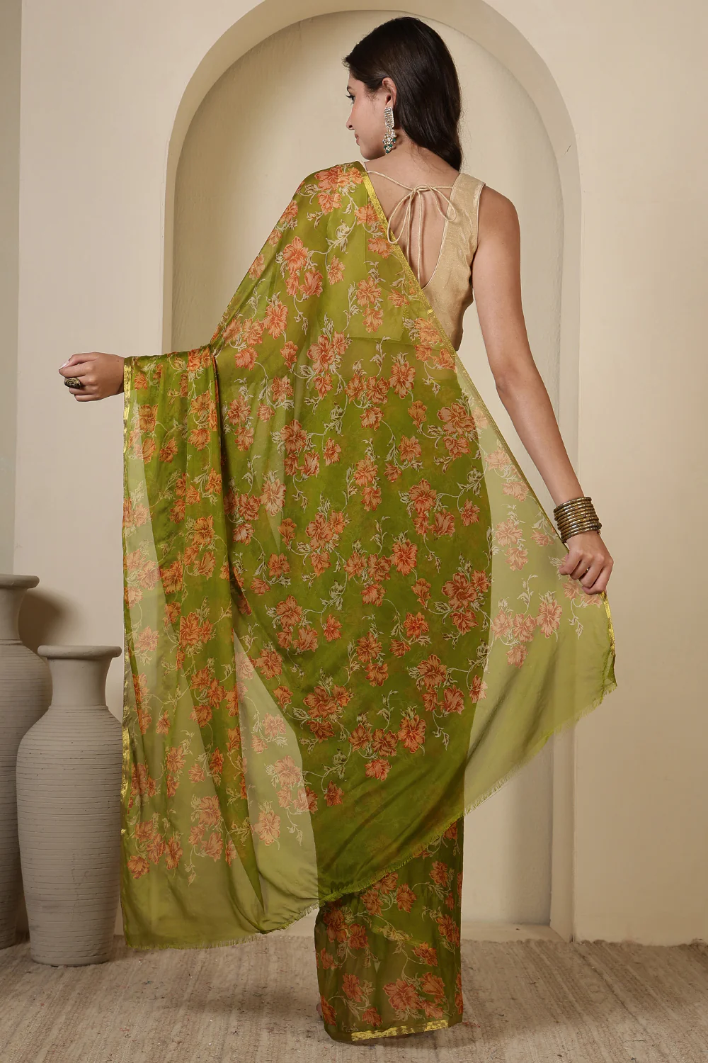 Olive Green Chiffon Floral Zari Border & Floral Printed Saree - Image 4