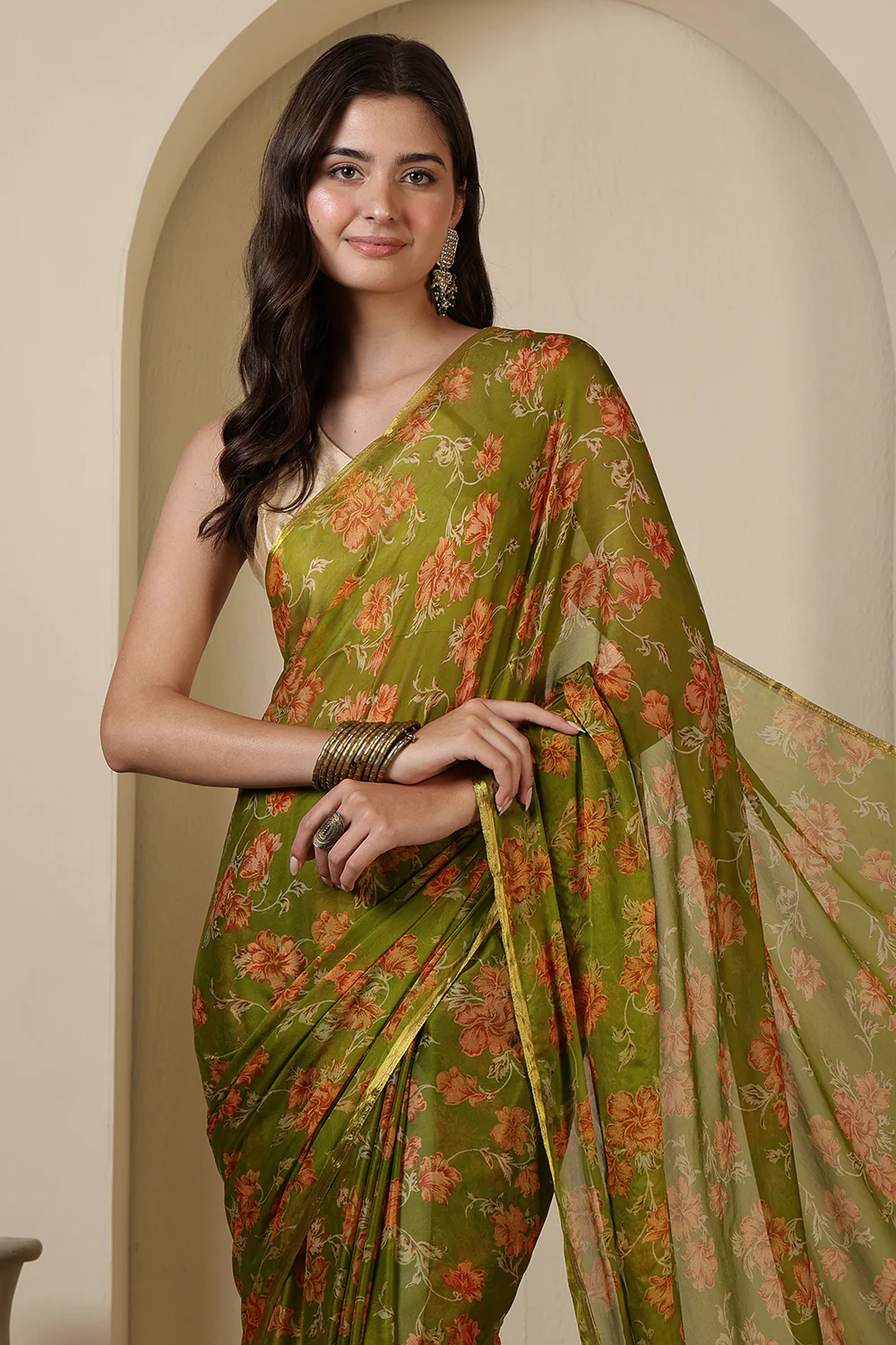Olive Green Chiffon Floral Zari Border & Floral Printed Saree - Image 5