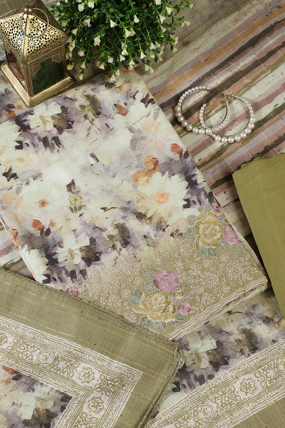Olive Green Cotton Floral Printed And Hemline Embroidered Unstitched Suit - Image 2