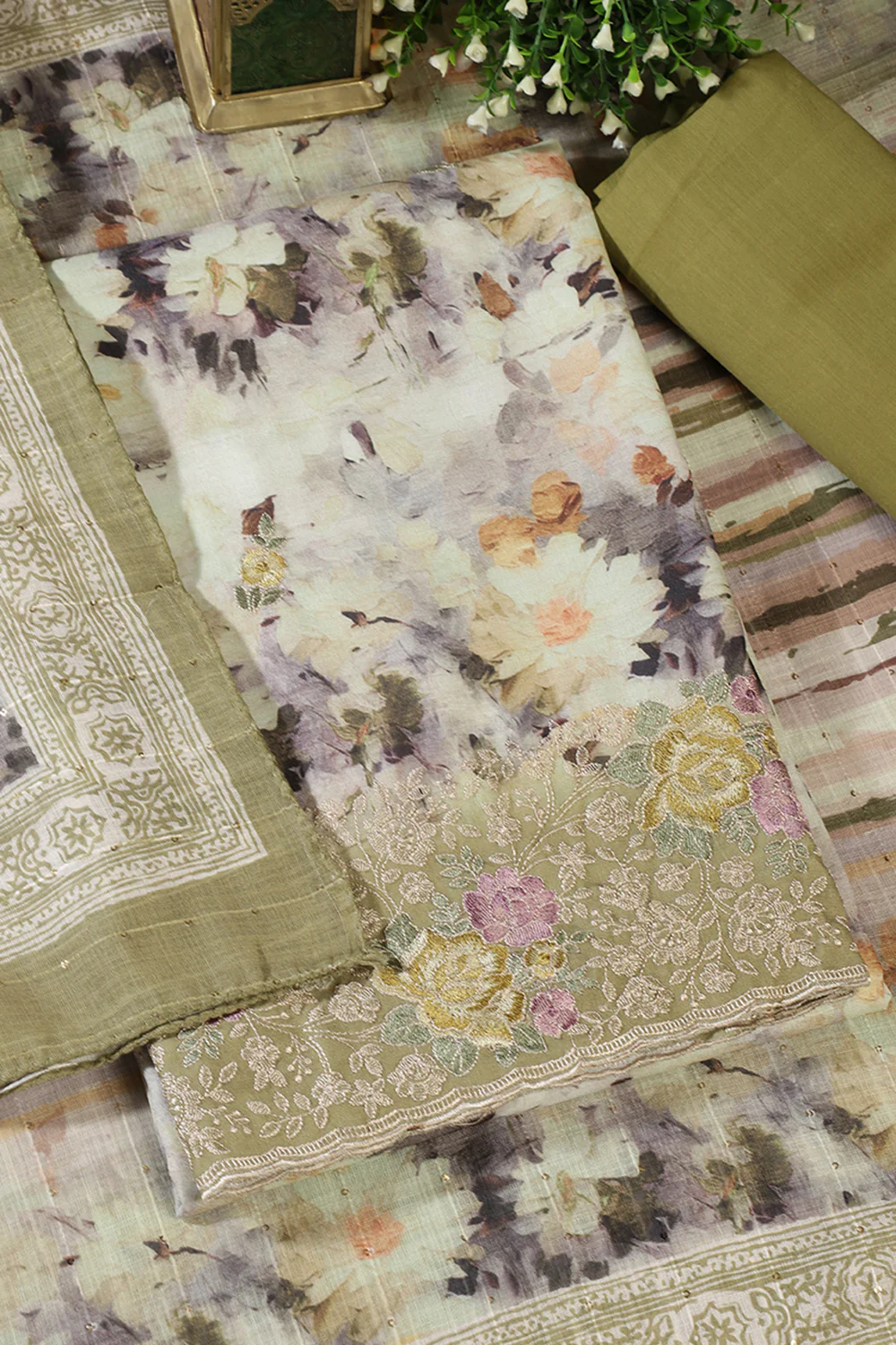 Olive Green Cotton Floral Printed And Hemline Embroidered Unstitched Suit - Image 3