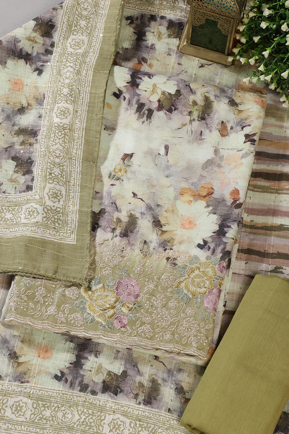 Olive Green Cotton Floral Printed And Hemline Embroidered Unstitched Suit - Image 4