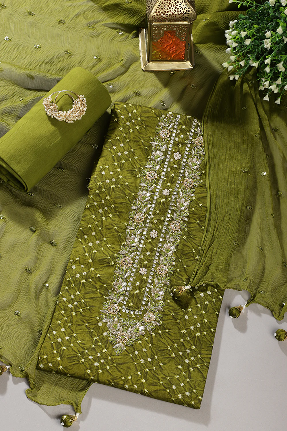 Olive Green Cotton Neck Zardozi Embroidered & Shibori Printed Unstitched Suit Fabric - Image 2