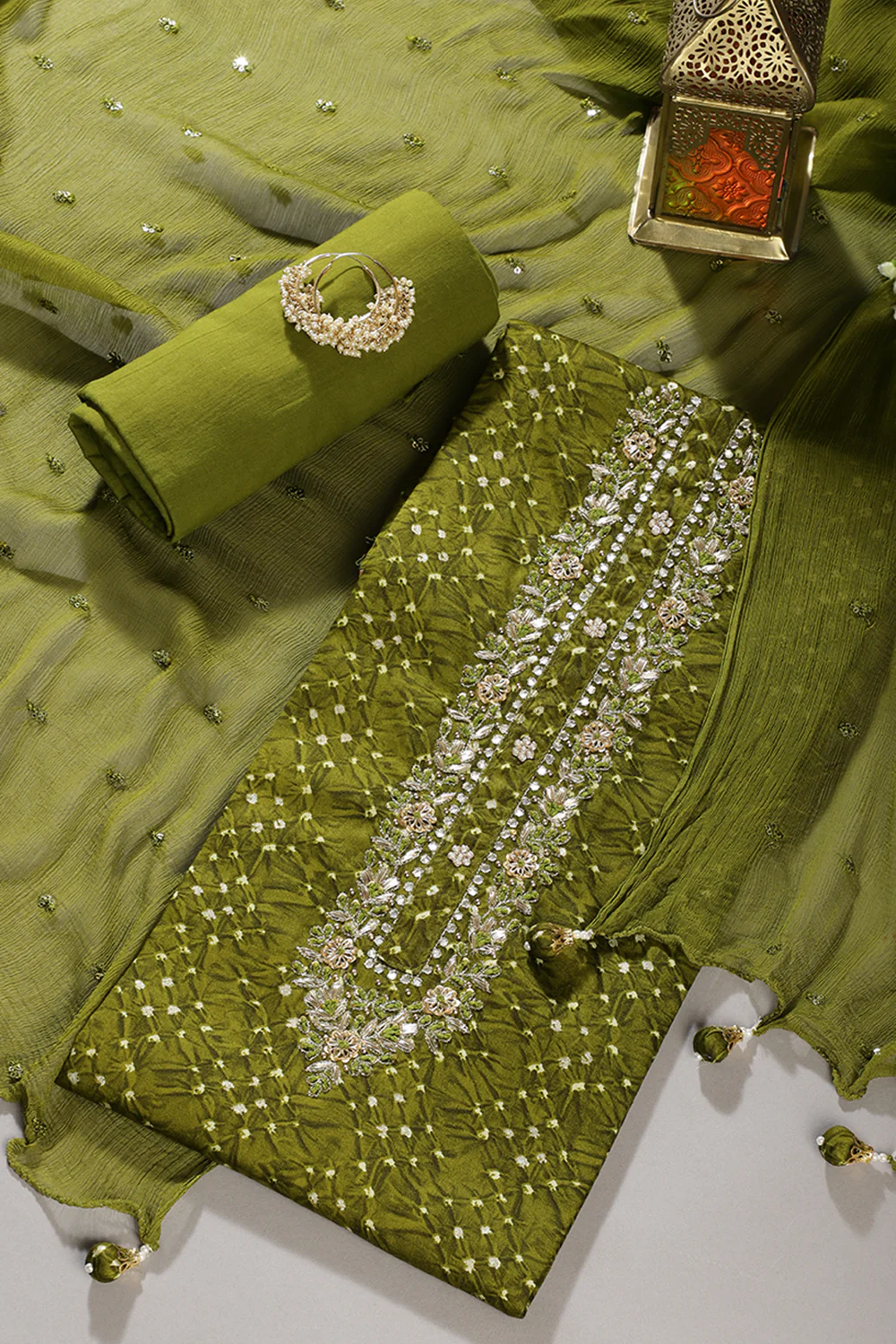 Olive Green Cotton Neck Zardozi Embroidered & Shibori Printed Unstitched Suit Fabric - Image 3