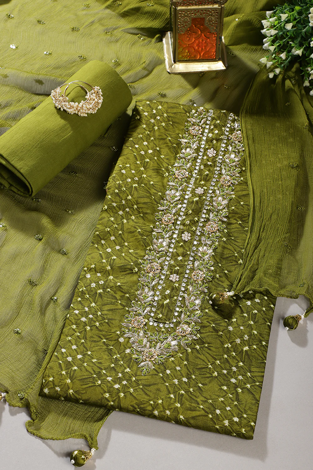 Olive Green Cotton Neck Zardozi Embroidered & Shibori Printed Unstitched Suit Fabric - Image 4